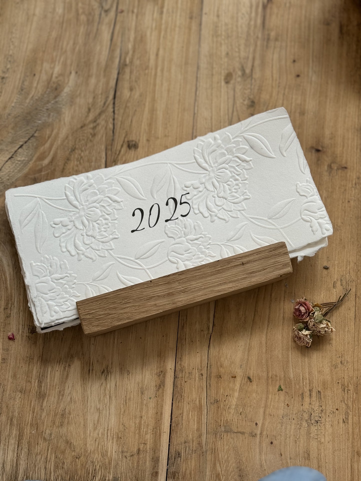 2025 desk Calendar with Embossing and with Letterpress | with oak calendar holder