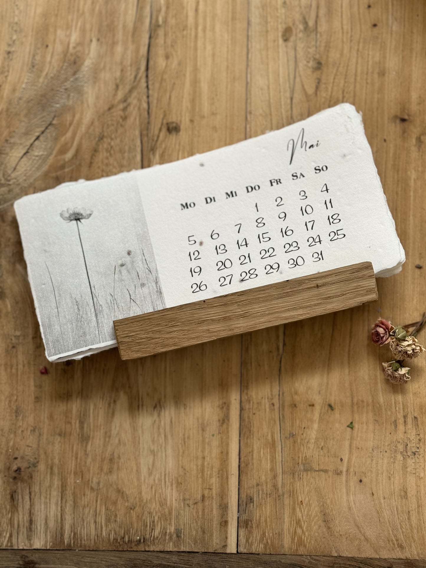 2025 desk Calendar with Embossing and with Letterpress | with oak calendar holder