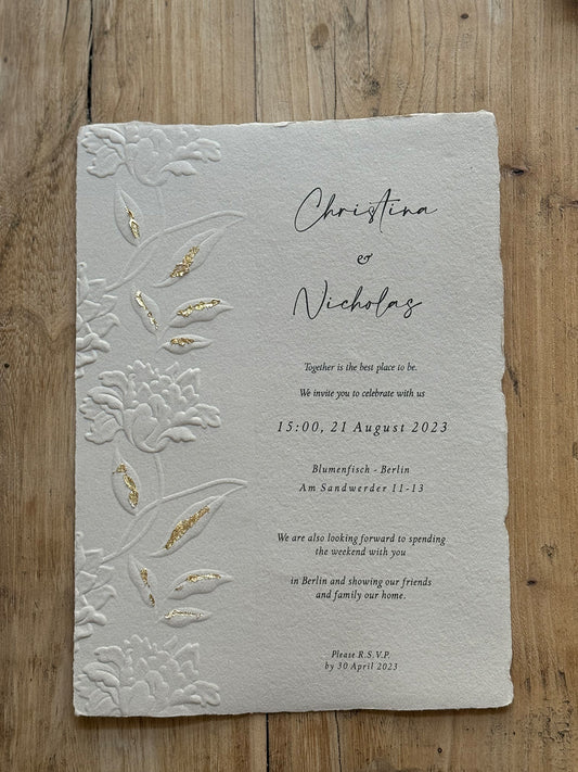 C5 Golden "Leaf"  Wedding Invitation with Embossing, Golden Wedding Invitation, Handmade Cotton Paper, Custom Embossed Floral Wedding Invitation, Boho Invitation Suite