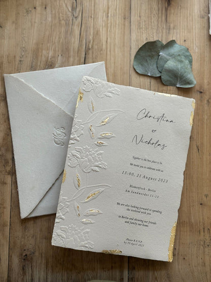 C5 Golden "Leaf"  Wedding Invitation with Embossing, Golden Wedding Invitation, Handmade Cotton Paper, Custom Embossed Floral Wedding Invitation, Boho Invitation Suite