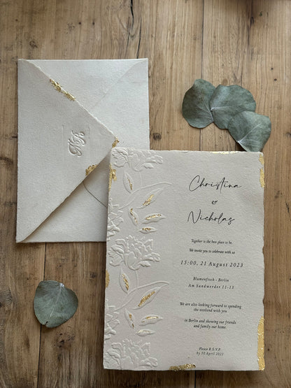 C5 Golden "Leaf"  Wedding Invitation with Embossing, Golden Wedding Invitation, Handmade Cotton Paper, Custom Embossed Floral Wedding Invitation, Boho Invitation Suite