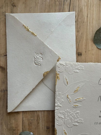 C5 Golden "Leaf"  Wedding Invitation with Embossing, Golden Wedding Invitation, Handmade Cotton Paper, Custom Embossed Floral Wedding Invitation, Boho Invitation Suite